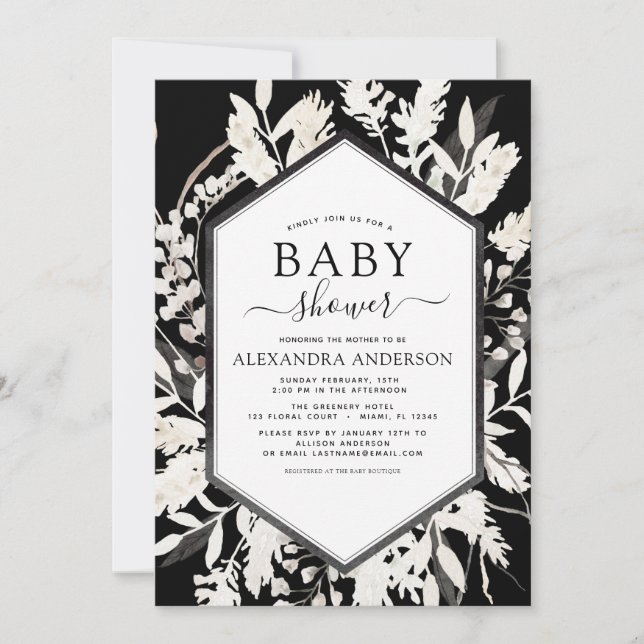 Invitación Boho Beige Black Botanical Baby Shower (Anverso)