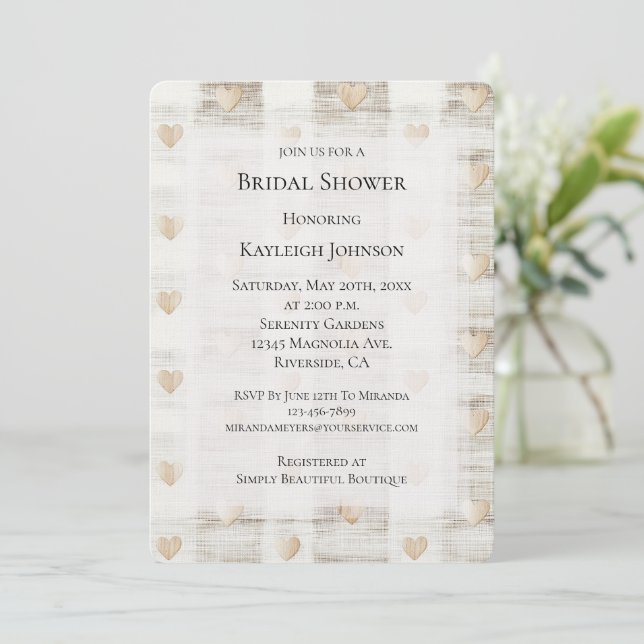 Invitación Boho beige blanco crema corazón ducha de novia (Anverso de pie)