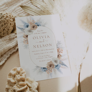 Invitación Boho Beige & Blue Floral Frame Boda