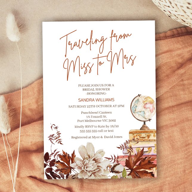 Invitación Boho Beige Cae Viajando Srta. Bridal Shower (Fall Traveling From Miss To Mrs Bridal Shower Invitation, Traveling From Miss to Mrs Bridal Shower)