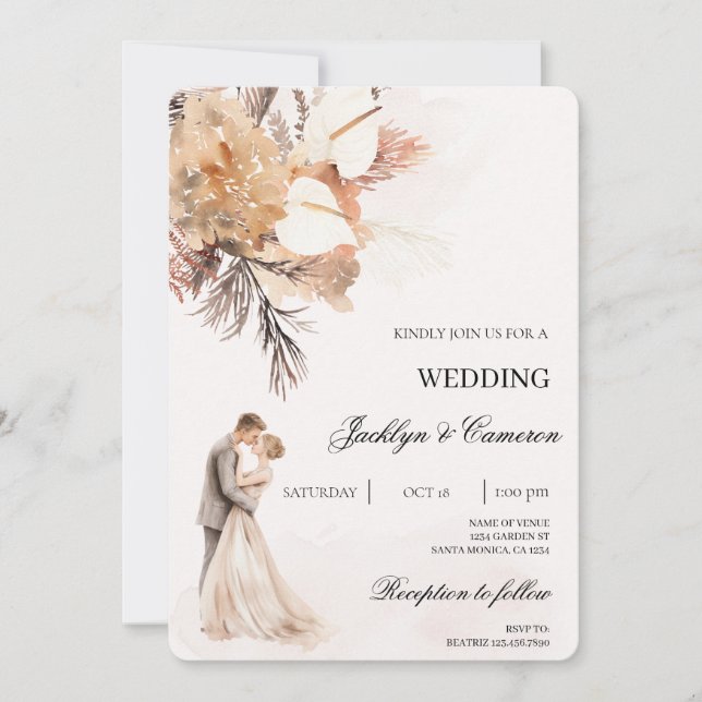 Invitación Boho beige con boda de novia y novio (Anverso)