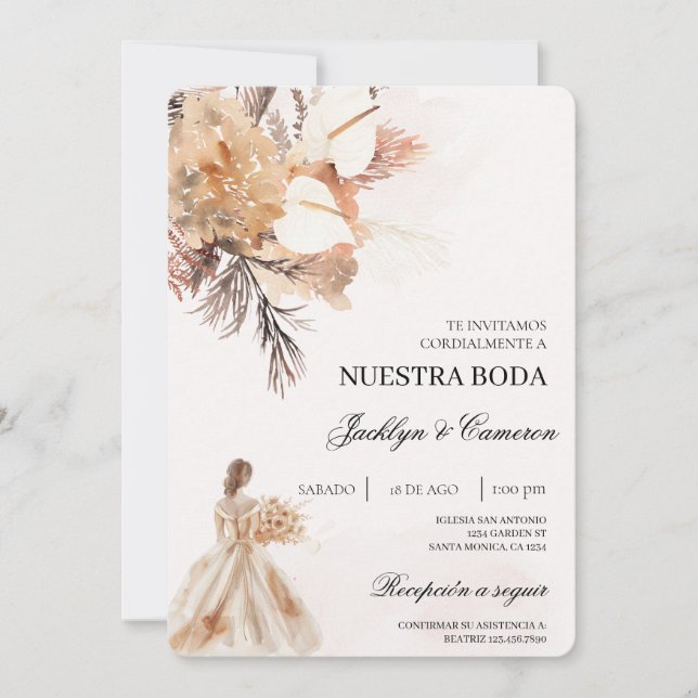 Invitación Boho beige con novia Boda español (Anverso)