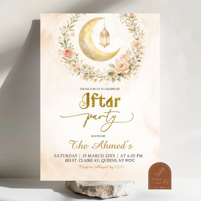 Invitación Boho Beige Floral Crescent Ramadan Iftar Party (Subido por el creador)