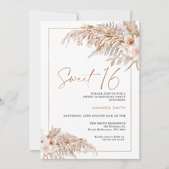 Invitación Boho Beige Floral Pampas Grass 16º cumpleaños (Anverso)