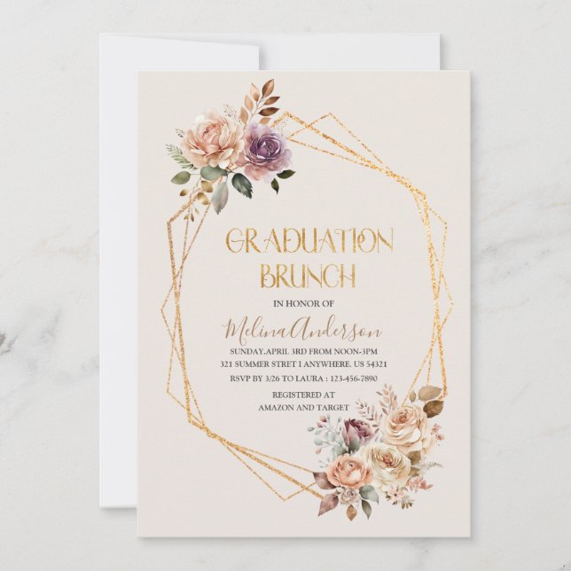 Invitación Boho Beige Flores doradas acuarela br (Anverso)