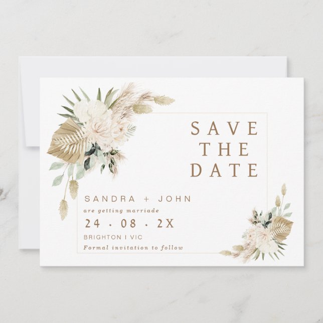 Invitación Boho Beige Green Floral Save The Date Card (Anverso)