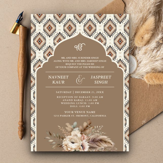Invitación Boho Beige Ivory Ikat Anand Karaj Sikh Boda (Subido por el creador)