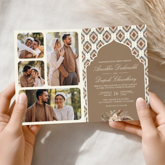 Invitación Boho Beige Ivory Ikat Collage de fotos Boda indio (Subido por el creador)