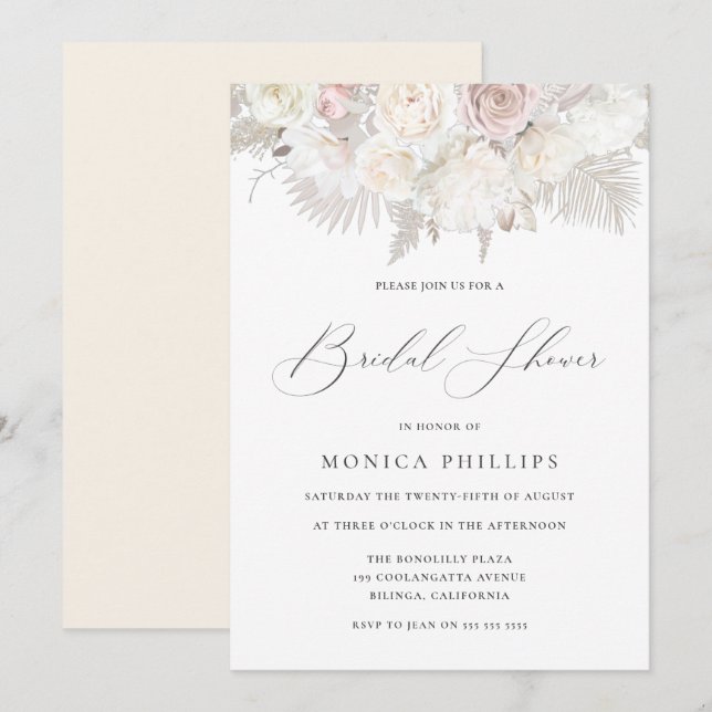 Invitación Boho Beige, Marfil y la ducha de novias en Rubor (Anverso / Reverso)