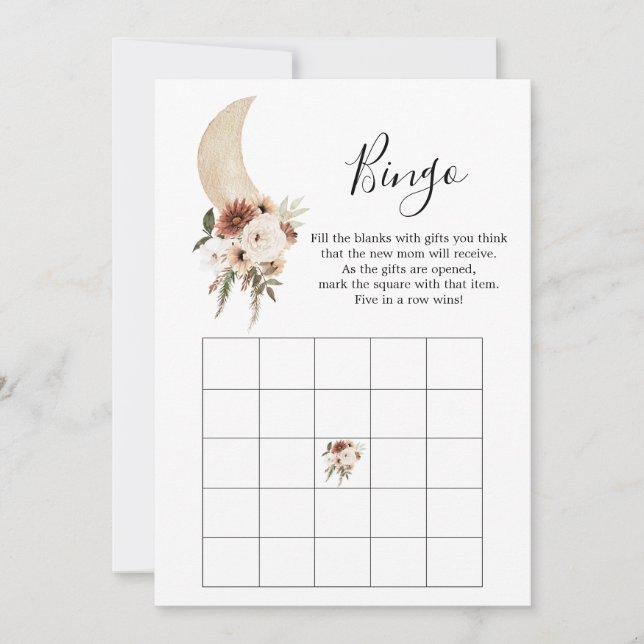 Invitación Boho Beige Moon Floral Juego de Bingo Baby Shower (Anverso)