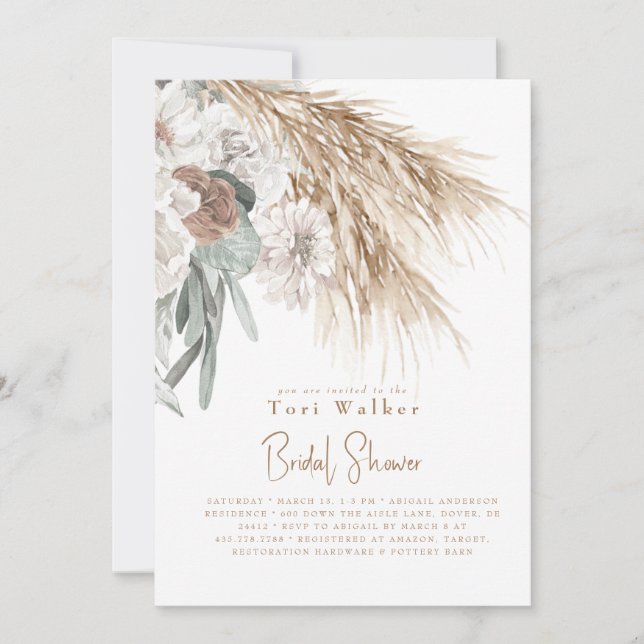 Invitación Boho Beige Pampas Floral Blanca Bridal Shower (Anverso)