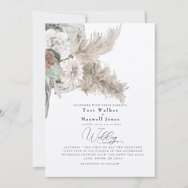 Invitación Boho Beige Pampas No Parents Ecru Boda (Anverso)