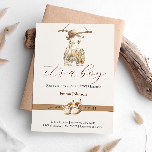 Invitación Boho Beige Tan Brown White Boy Baby Shower (Boho Beige Tan Brown White Boy Baby Shower Invitation)