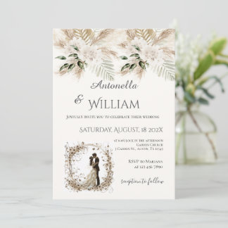 Invitación Boho beige with bride and groom wedding