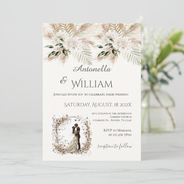Invitación Boho beige with bride and groom wedding (Anverso de pie)