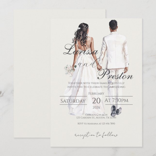 Invitación Boho beige with bride and groom wedding (Anverso / Reverso)