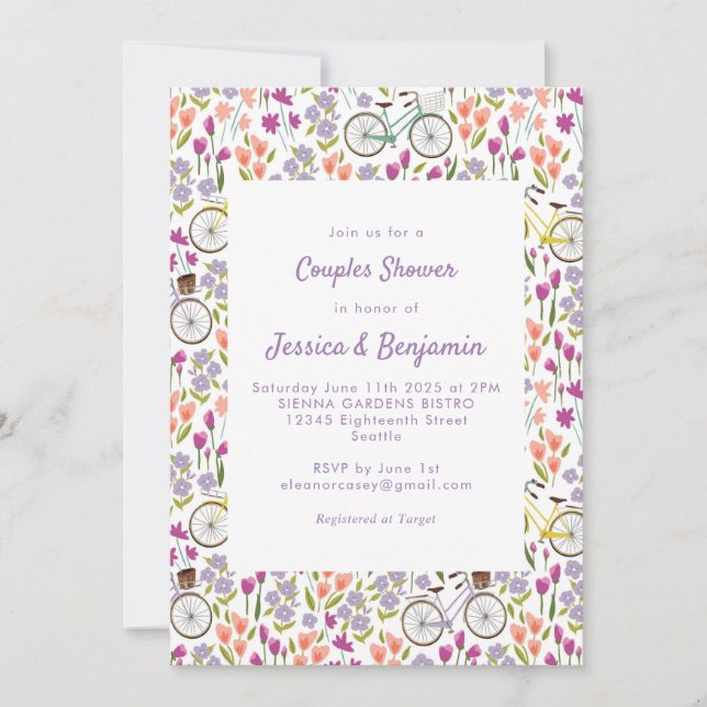 Invitación Boho Bicicleta Floral Script Moda Ducha Parejas (Anverso)