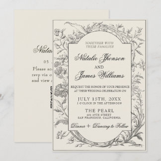 Invitación Boho Black Cream Floral Botanical QR Code Wedding
