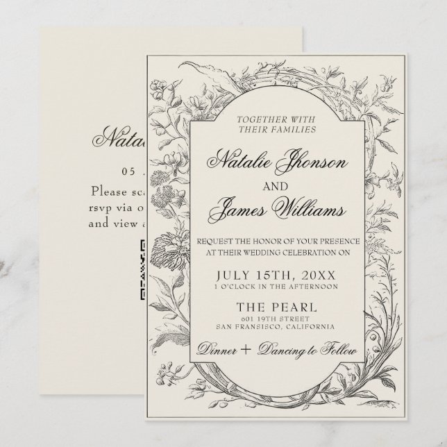 Invitación Boho Black Cream Floral Botanical QR Code Wedding (Anverso / Reverso)