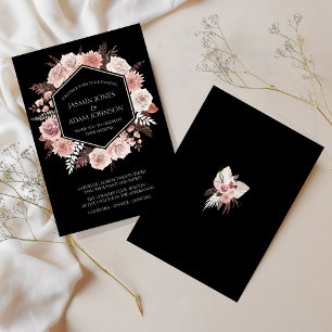 Invitación Boho Black Dusty Pink Dried Flowers Wreath Boda
