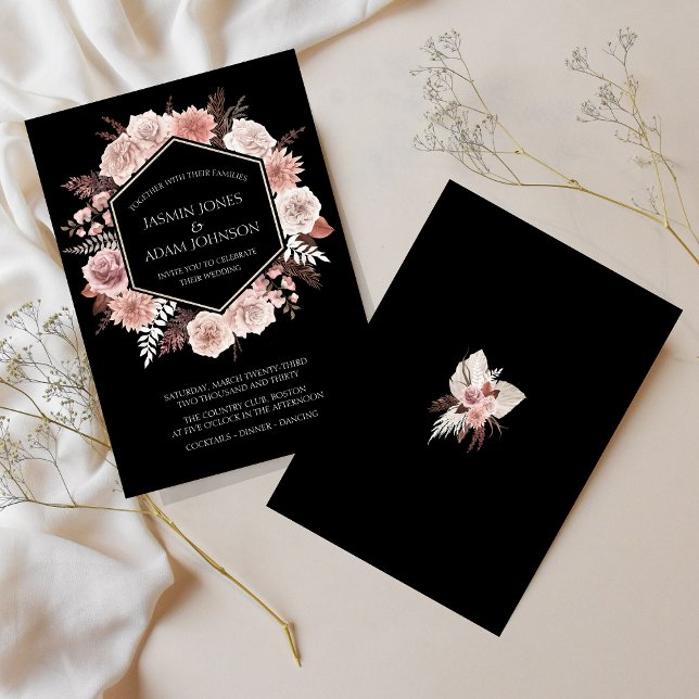 Invitación Boho Black Dusty Pink Dried Flowers Wreath Boda (Boho Black Dusty Pink Dried Flowers Wreath Wedding Invitation)