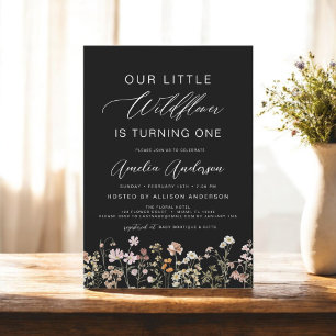 Invitación Boho Black Wildflower Primer cumpleaños