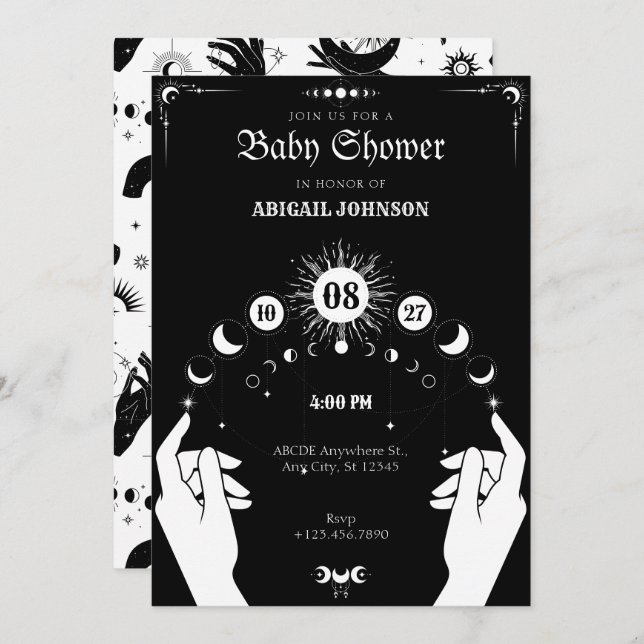 Invitación Boho blanco negro Moon místico mano ducha bebé (Anverso / Reverso)