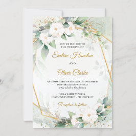 Invitación Boho Blanco Roses verde eucalipto faux marco de or
