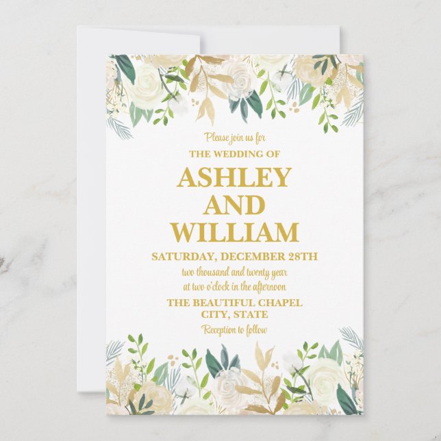 Invitación Boho blanco y dorado Boda de Moda bohemia verde (Anverso)