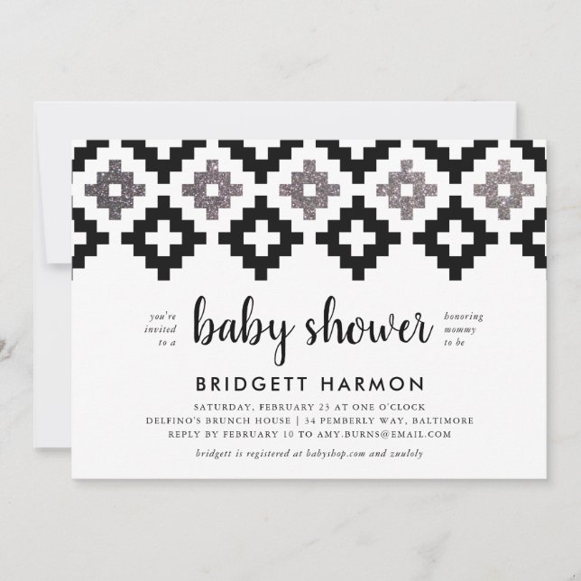 Invitación Boho blanco y negro Aztec Baby Shower (Anverso)