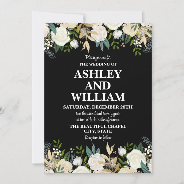 Invitación Boho blanco y negro Boda de la Moda bohemia verde (Anverso)