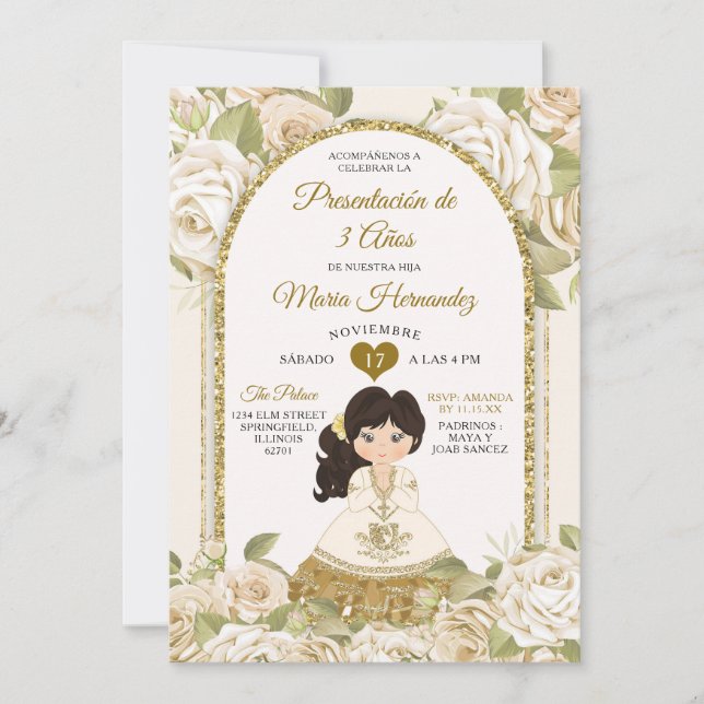 Invitación Boho blanco y oro Chica floral mexicano Tres Anos (Anverso)