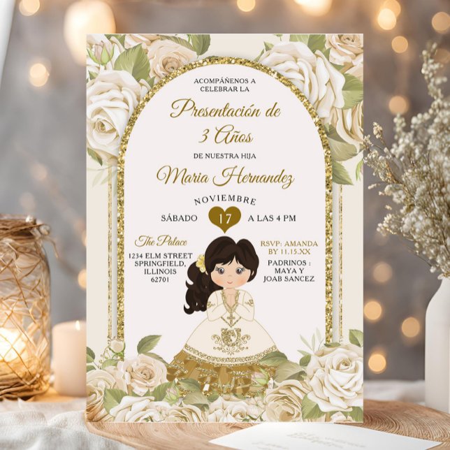 Invitación Boho blanco y oro Chica floral mexicano Tres Anos (Subido por el creador)