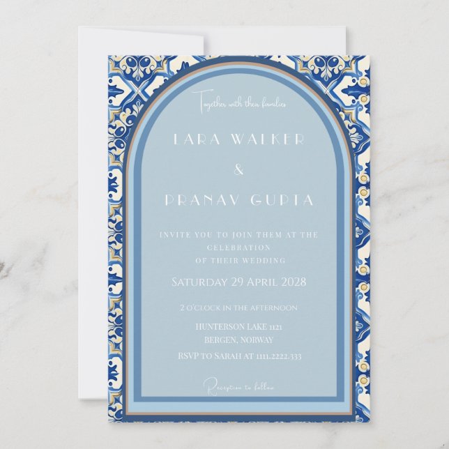 Invitación Boho Bliss: Ceremonia de Boda con Azulejos de Vera (Anverso)