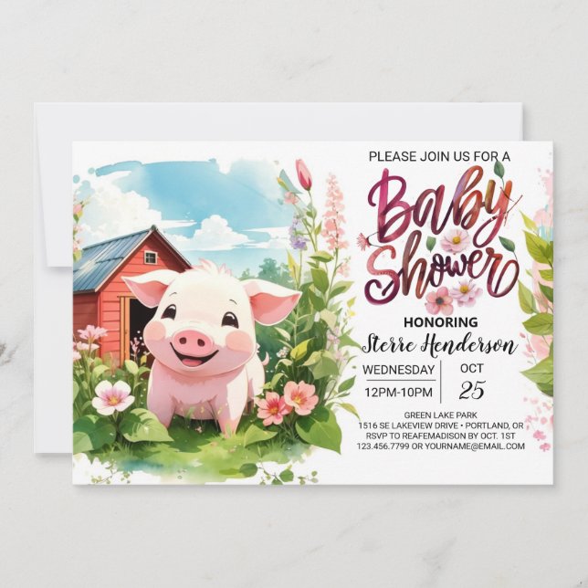 Invitación Boho Bliss Farm Pig Baby Shower (Anverso)