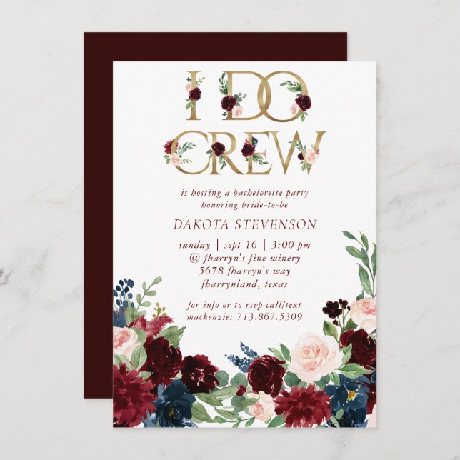 Invitación Boho Bloom | Elegante Borgoña Marsala I Do Crew (Anverso / Reverso)
