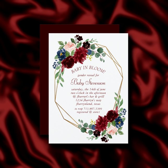 Invitación Boho Bloom | Elegante ducha borgoña y azul marino (Subido por el creador)