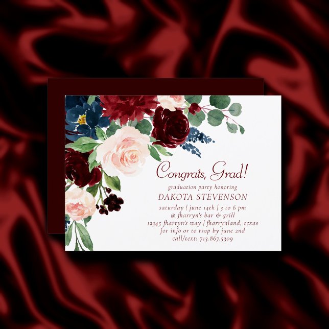 Invitación Boho Bloom | Elegante graduación de Borgoña y Mari (Subido por el creador)