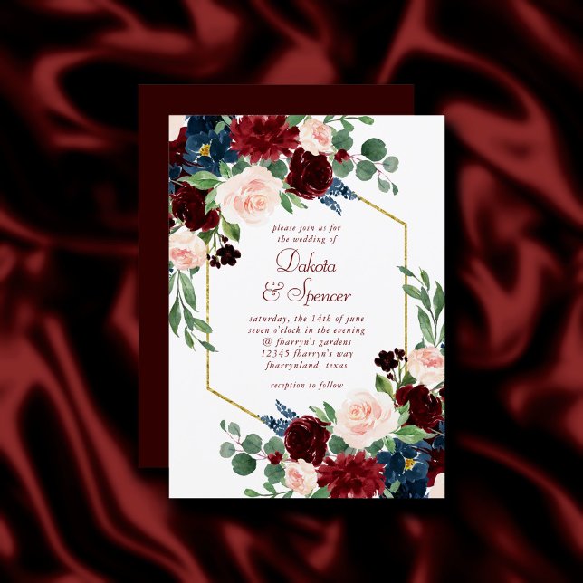 Invitación Boho Bloom | Elegante Marco dorado floral borgoñés (Subido por el creador)