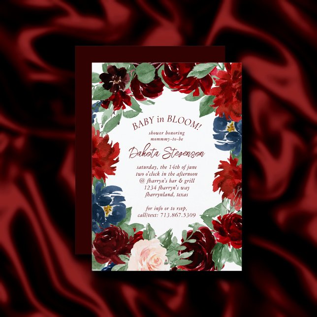 Invitación Boho Bloom | Elegantes Rosas Red Rubor y Navy Blue (Subido por el creador)