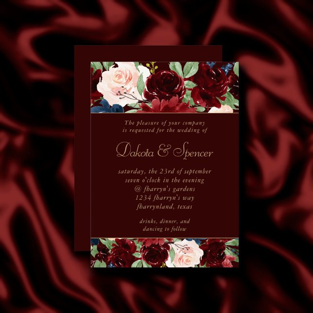 Invitación Boho Bloom | Oscuro elegante rojo borgoña y marina (Subido por el creador)