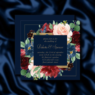 Invitación Boho Blooms Azul de la Marina Oscura y corona bo