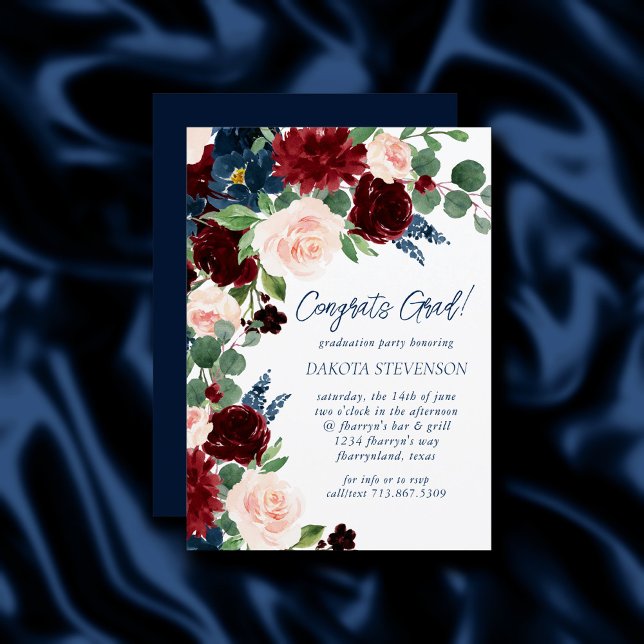 Invitación Boho Blooms | Azul de la Marina Rusa y Rojo Borgoñ (Subido por el creador)