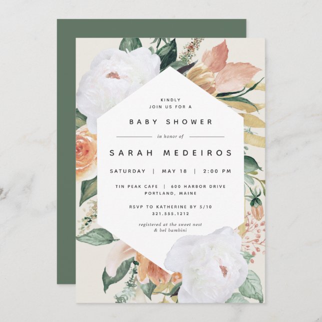 Invitación Boho Blooms | Baby Shower floral moderno (Anverso / Reverso)