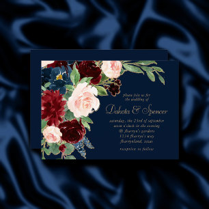 Invitación Boho Blooms Bouquet azul y borgoña de la Marina