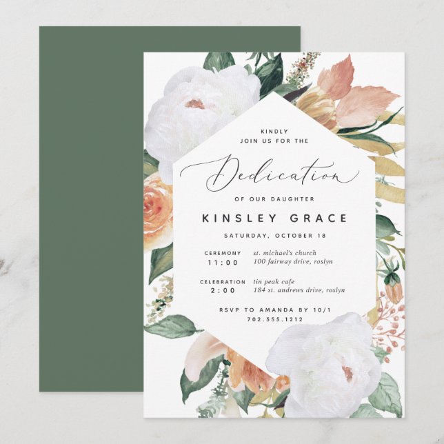 Invitación Boho Blooms | Dedicación floral moderna del bebé (Anverso / Reverso)