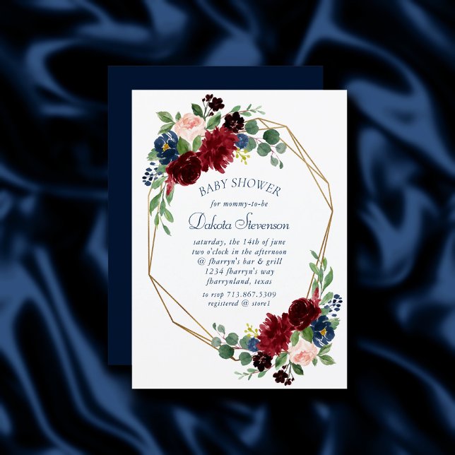 Invitación Boho Blooms | Ducha azul y borgoñona de la Marina  (Subido por el creador)