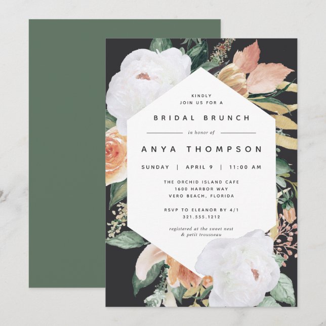 Invitación Boho Blooms | Moderno Brunch Floral Bridal Shower (Anverso / Reverso)