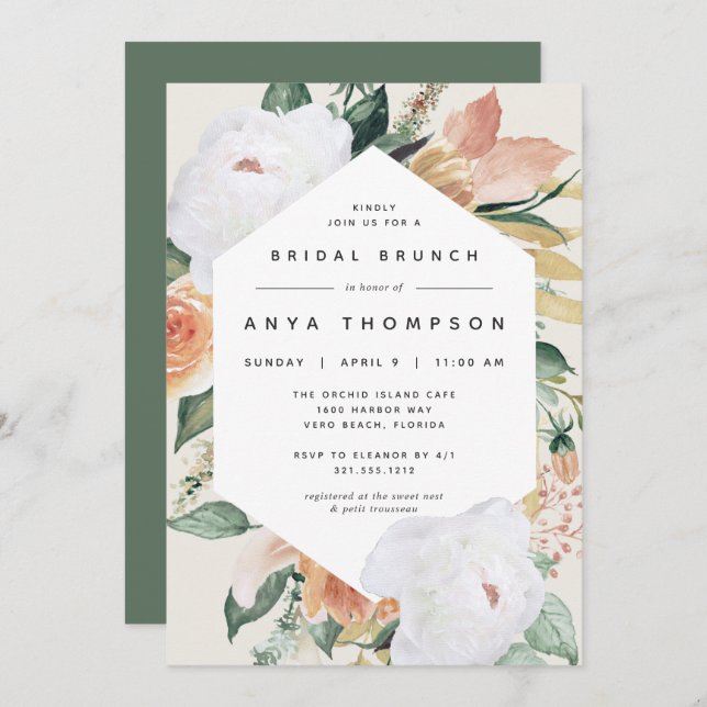 Invitación Boho Blooms | Moderno Brunch Floral Bridal Shower (Anverso / Reverso)