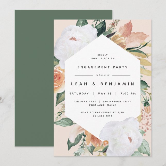 Invitación Boho Blooms | Partido de compromiso floral moderno (Anverso / Reverso)